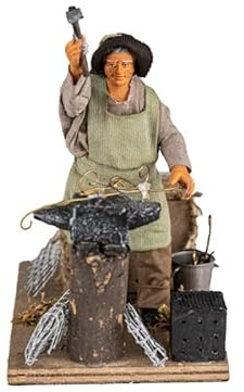 Schmied in Bewegung 12 cm (4,72 Zoll) mit Feuereffekt - Neapolitanische Krippe Terrakotta Kleid, Figur hergestellt und von Hand bemalt, Made in Italy