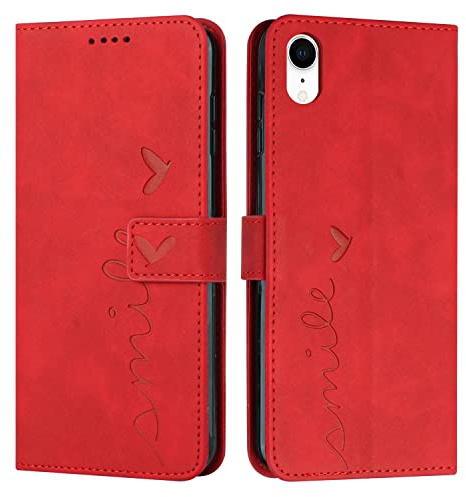 EATCYE Cover per iPhone XR (6,1 Pollici), Flip Libro Libretto Custodia in Pelle PU per iPhone XR (6,1 Pollici) [Protezione Completa] [Slot per Scheda] [Funzione di Supporto] (#Rosso)