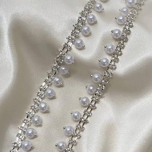 Mausouca 1yard glänzende Strassbesatz-Kettenapplikation, eingelegte Perlenperlen Kristall enge Kette zum Nähen, Handwerk, Nähen, Hochzeit, Brautparty, Kleidung, DIY-Dekoration, Zubehör