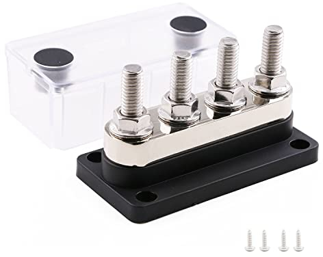 Gloaso 600 Amp Bus Bar 12V - 48V CC rame fatto, Heavy-Duty Modulo 4 x M10 perni terminali di distribuzione di energia Blocco 600A Busbar con coperchio Robusta, nero