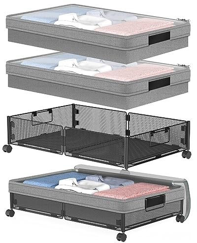 VyGrow Metal Under Bed Storage Containers 2Pack, Rectangular with Wheels & Removable Dust Bags, 24L x 15.8W x 5.9H, 26L Capacity Each, For Under-Bed Storage