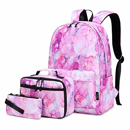 Imyth Backpack for Teen Girls, Boys, Lightweight Water Resistant Bookbag 3 in 1 with Lunch Box Pencil Case(Marble powder)