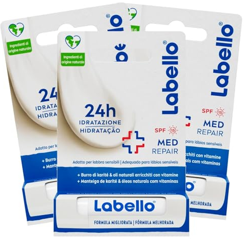Labello Med Repair Lippenbalsam Feuchtigkeitsspendend und Fondant auf den Lippen Lippenbalsam repariert mit Sonnenschutz LSF 15 Vitamin E und natürlichen Ölen - 3 Sticks