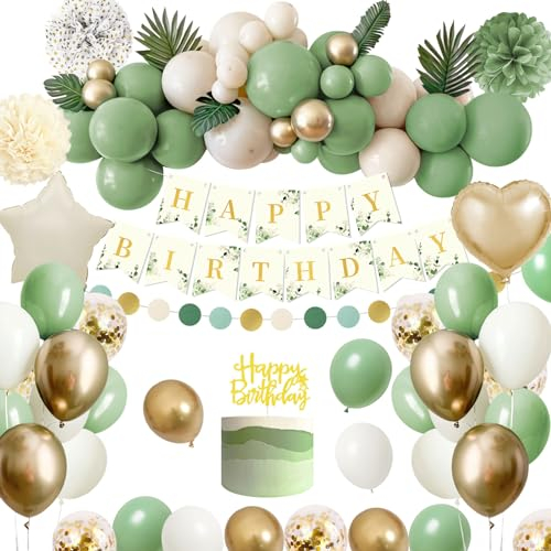 Geburtstagsdeko Grün Gold,Rainllon Deko Geburtstag Mädchen Junge,Kindergeburtstag Deko Avocado Grüne Sandweiß Luftballons,Happy Birthday Banner, Pompons für Männer Frauen Geburtstag Deko (0)