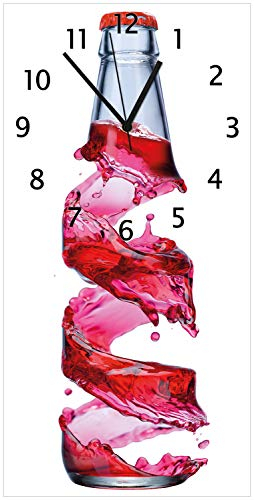 Wallario Design-Wanduhr Flasche mit roter Brause - Wirbelsturm aus Glas, Motiv-Uhr Größe 30 x 60 cm, Schwarze Zeiger