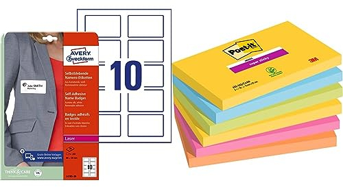 AVERY Zweckform L4785-20 Namensetiketten & Post-it Super Sticky Notes Carnival Collection, Packung mit 6 Blöcken