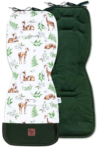 Pepi Beidseitig Sitzauflage Kinderwagen 33 x 85 cm - Sitzauflage Buggy 100% Baumwolle - Kinderwagen Einlage 6 Löcher für Sicherheitsgurte - Kinderwagen Sitzauflage Waldzeit mit Samt