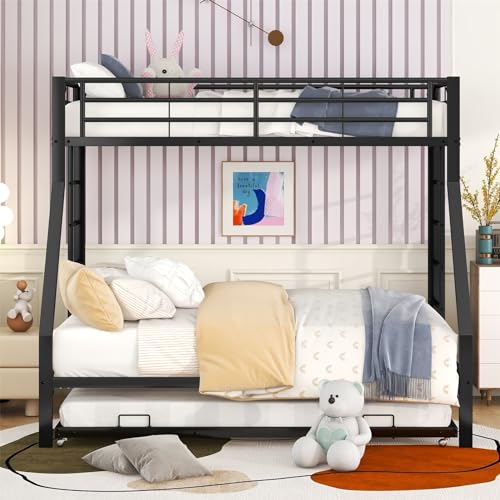 Etagenbett aus Hochwertigem Stahl, Metallbett mit ausziehbarem Bett,mit Leiter auf beiden Seiten für Kinder, Jugendliche, Erwachsene, 90(140) x200cm, schwarz