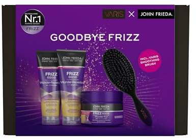 John Frieda x Varis Wunder-Reparatur Vorteils-Set - Inhalt: Shampoo, 250 ml/Conditioner, 250 ml/Wunder-Kur, 250 ml/Varis Smoothing Brush Haarbürste - Frizz Ease Serie - Von Stylisten inspiriert