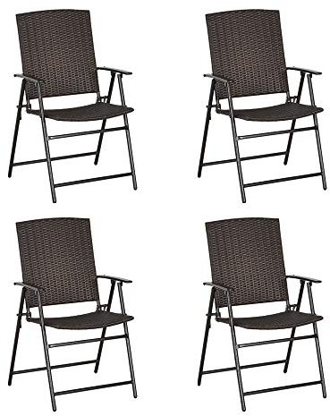 Outsunny Folding Garden Chairs Set of 4, PE Rattan Garden Dining Chairs with Armrests, High Back and Steel Frame, Weather Resistant Outdoor Dining Furniture for Patio, Balcony, Brown