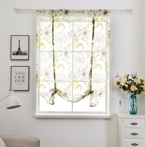 XNSHUN Raffrollo Mit Schlaufen Raffgardinen Gardinen, Küche Bindegardine Scheibengardine, Voile Transparentes Bändchenrollo, Für Schlafzimmer, Badezimmer, Küche，1er Pack (BxH 60x140cm,Schilfrohr)