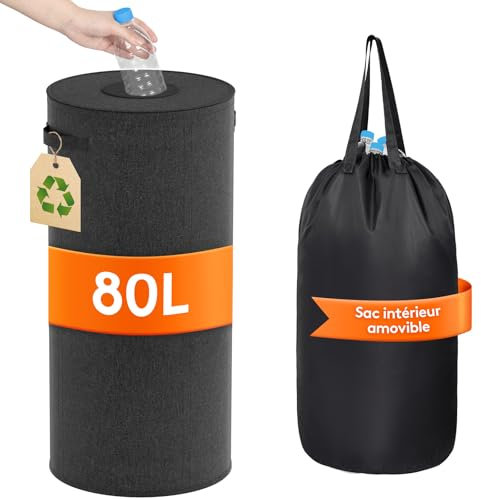 Lifewit 80L Collecteur de Bouteilles Rond avec Couvercle, Poubelle Cuisine Tri Selectif avec Trou, Poubelle Recyclage pour Verre, Récipient de Collecte, Noir