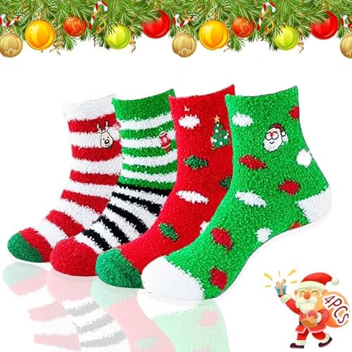 4 Paar Weihnachten Flauschig Socken,Weihnachtssocken mit Geschenkbox,Warme Bettsocken,Socken Winter,Weihnachtssocken,Lustige Winter Warme Bettsocken,für Kinder Erwachsene Neujahr Weihnachtsgeschenke