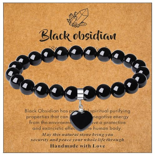 XIANNVXI Obsidian Armband Damen Schwarz Herz Armband Heilsteine Stein 8mm Perlen Edelstein Armbänder Glücksarmband Geburtstagsgeschenk für Freundin Mama Geschenke