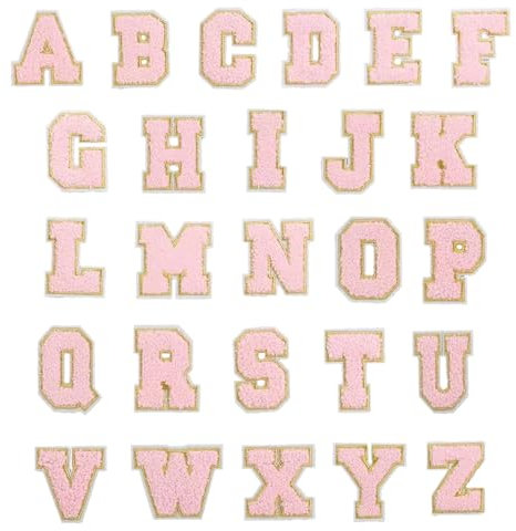 26Pcs Iron on Chenille Letter Patches A-Z, Iron on Letters for DIY Clothing, Fabric, Shoes, Bags（Pink