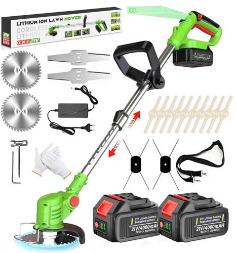 Decespugliatore a Batteria 21V Tagliabordi a Batteria con 2 Batterie 4,0 Ah Decespugliatore Elettrico 4 in 1 Tagliaerba a Batteria Telescopico,Testa Girevole 90°per Giardino Potatura, Green