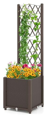 HOMASIS Cama de jardín elevada de madera con celosía, maceta de exterior con disco autoregado, agujeros de drenaje, bandeja de flores para plantas trepadoras, verduras (marrón)