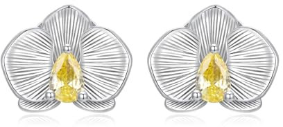 Orecchini a bottone Orchidea in argento con zirconi gialli, regalo per donna, mamma o amica, Zirconia, Zircone