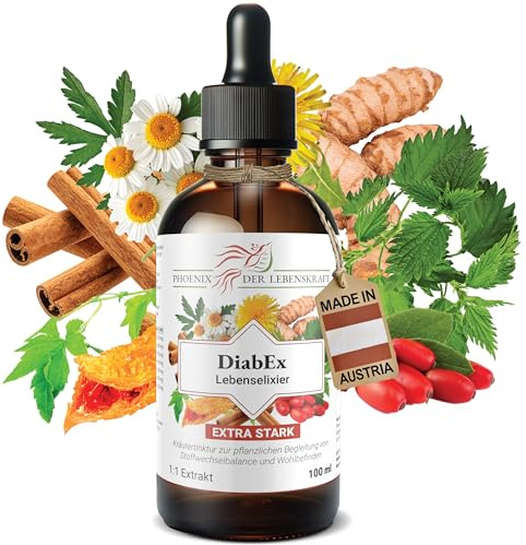 DiabEx Tinktur 100 ml – Pflanzliche Unterstützung für Stoffwechsel – 1:1 Extrakt - Zimt, Bittermelone, Berberitze, Löwenzahn, Kurkuma, Brennnessel, Kamille – vegan, antioxidativ
