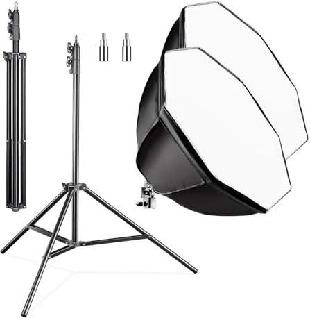 Walimex pro Octagon Softbox 2er Set 55 cm mit 35 W LED inkl. 2 x FT-8051 Lampenstativ bis 260 cm Höhe, Studioleuchte 5000 K Tageslicht plus Lichtstativ mit Federdämpfung