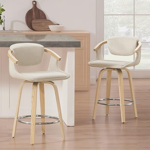 Zouron Lot de 2 Silla de Madera para Bar (Nogal) para encimera, taburetes giratorios con Respaldo (poliéster) para Bar, taburetes para encimera, para Isla de Cocina, Bar, Color Beige