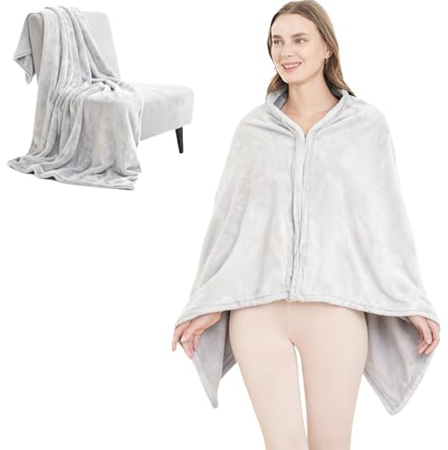 SNZ Confortevole coperta portatile per uomo e donna – Poncho in pile 152,4 x 83,8 cm, coperta calda per sedia da ufficio, viaggi, campeggio e casa – comodo poncho – regalo per mamma