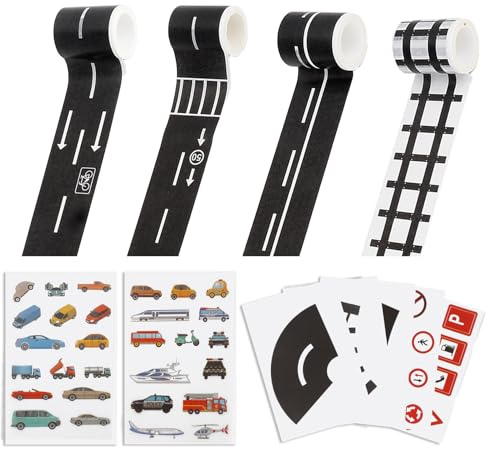 Pinmxaex 11 Stück Straßen Klebeband Set mit Verkehrszeichen Aufkleber - Abnehmbares Spiel Straßenband für Kinder zum Lernen, DIY Verkehrsszenen und Wanddekoration