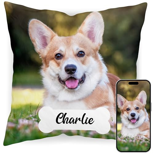 Custom Pet Photo Pillow Cover 16x16 Inch – Personalized Dog or Cat Pillow with Name in Bone Shape, Pet Picture Cushion, Custom Throw Pillowcase, Gift for Dog Lovers, Pet Owners, Animal Lovers