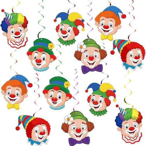 Clown Deko Girlande 12 Stück Für Karneval - Spiral Wirbel Hänger Als Faschingsdeko & Karneval Deko - Bunten Clown Motive Für Partys, Zirkus & Kindergeburtstage, Zirkus Deko