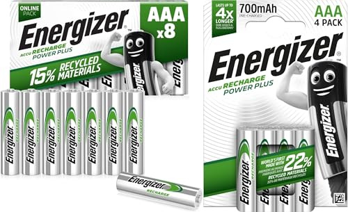 Energizer Recharge Power Plus - Rechargeable AAA Batteries (12 Pack) - 700 mAh NiMH Triple A Battery - 100% Recyclable Plastic Free Packaging