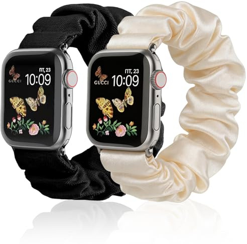 Armband für schmale Handgelenke,kompatibel mit Apple Watch 38/40/41mm (Serie 10 9 8 7 6 5 4 3 2 1 SE), 2er-Pack weiches Scrunchie Ersatzband aus Stoff, Schwarz & Sternenlicht Satin-Optik