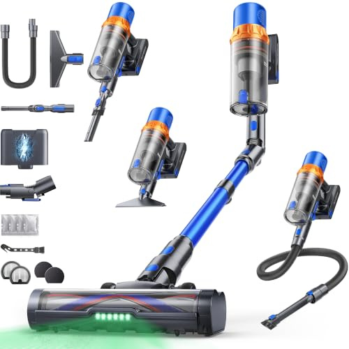 Aspiradora sin Cable 600W/50KPA/65Min(ECO), Escoba Aspiradora sin Cable Vertical X13 con Adaptador curvo de 90°, AUTO Modo, Carga de Pared, Aromaterapia, Manguera de 1M, para Cabello/Alfombras/Pisos