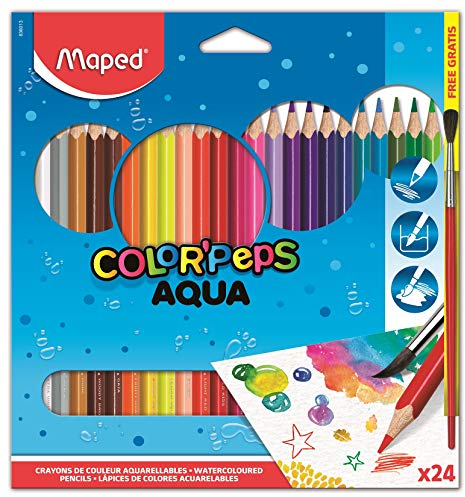 Maped - Pinturas de Madera - Lápices de Colores Aqua - 24 Pinturas de Colores - Incluye 1 Pincel - Mina Acuarelable - Ideal para Humedecer con el Pincel Tras su Aplicación