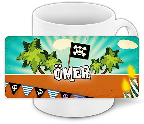 Kindertasse mit Namen Ömer und schönem Piraten-Motiv für Jungs