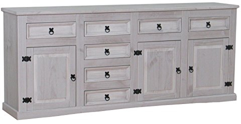 Dynamic24 Sideboard New Mexiko Kiefer massiv grau Mexico Schubladen Kommode Schrank