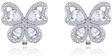 QUKE Ohrclips mit Zirkonia-Kristallen, Schmetterling-Design, nicht durchbohrt, für Damen und Mädchen, 1.2 cm x 1.4 cm, Kristall, Kristall