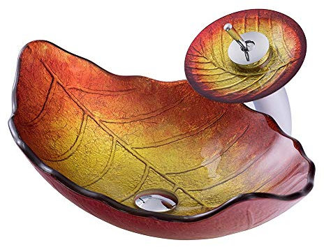 HomeLava Lavabo da Appoggio in Vetro Temperato a Forma di Foglia Lavabo in vetro temperato Lavandino Bagno Rubinetto a cascata Colore Rosso arancio