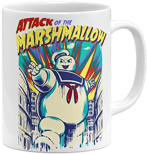 OM3® Ghost Marshmallow Attack Kaffee-Tasse mit Retro Motiv - Comic Style - Keramik Becher - 325ml - Beidseitig Bedruckt - Weiss