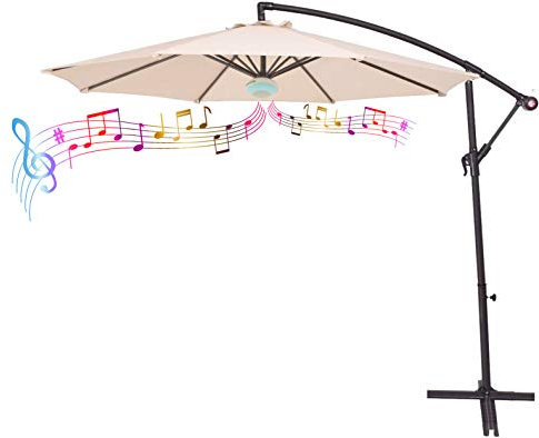 Groundlevel Bluetooth 3m Cantilver Banana Parasol With Built In Wireless Bluetooth Speaker And Colour Changing Light, Comes With Free Banana Parasol Cover - Cream