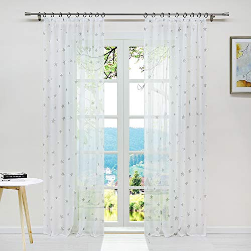 ESLIR Gardinen mit Kräuselband Gardinenschal Transparent Wohnzimmer Vorhänge mit Sterne Muster Modern Voile Grau BxH 140x175cm 1 Stück