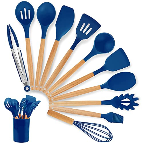 Douup 12 Pcs Silicone Cooking Utensils Set, Wooden Handle, Dark Blue