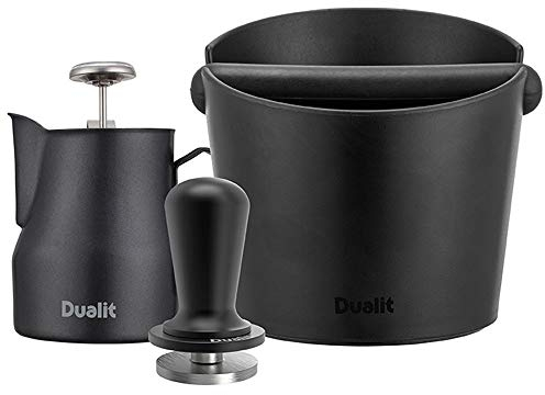 Dualit Kit Barista | Noir et acier inoxydable | Tamper | Knock Box | Pichet à mousse de lait | Thermomètre | Durable | Facile à utiliser | 85116