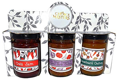 Choice Masters Cheese Lovers Trio Jar Gift Set - Cheeseboard Accompaniment Tea Time Gift Pack - Chilli Jam, Cheeseboard Chutney & Sundried Tomato& Smoked Garlic Chutney