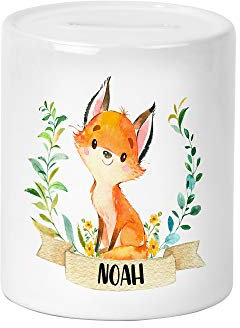 Waldtier Fuchs Kinder-Spardose für Mädchen und Junge mit Namen personalisiert zur Einschulung Taufe Geburtstag Geburt Sparschwein Geldgeschenk