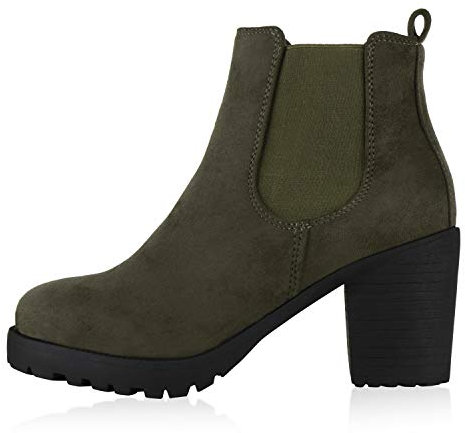 Giralin Damen Stiefeletten Chelsea Boots Profil Sohle 70?s Schuhe 142180 Dunkelgrün 39