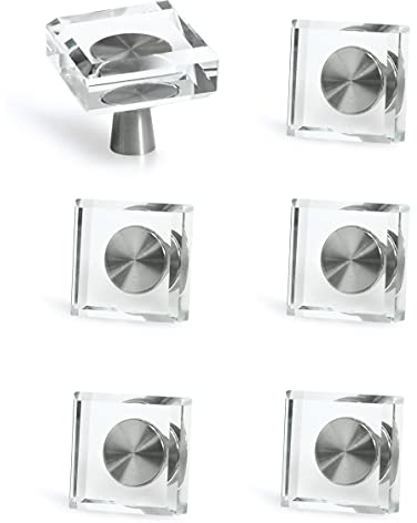 JEREVER 6 Pack Glass Crystal Knobs Brushed Nickel Drawer Pull Cabinet Handle for Dresser Kitchen (Square)