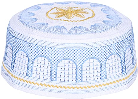Hapivida Islamische Muslimische Mütze, Handgefertigte Blaue Stickerei Beanie Mütze, Gebet Baumwolle Strickmütze für Männer, Polyester, für Eid Ramadan Pray Eid Geschenk