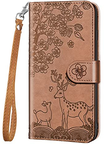 Aisenth Handyhülle für iPhone 7 Plus/8 Plus, Blumen Hirsche Muster PU Leder Handytasche Kitz Rotwild Brieftasche Magnetisch Klapphülle Etui Schutz hülle mit Kartenfächer, Aufstellfunktion -Braun