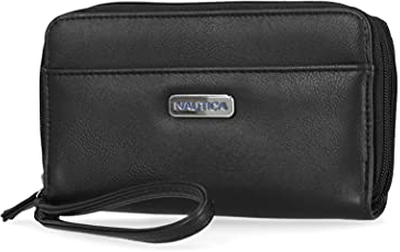 Nautica On The Double Zip Around Vegan Leather Womens RFID Clutch Wallet With Wristlet Strap (Black)