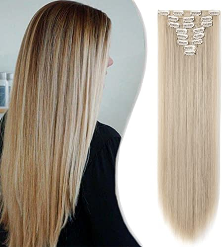 SEGO Clip in Extensions 8 teiliges SET 66cm Haarverlängerung Haarteil Synthetik Glatt Naturliche Aschblond Mix Bleichblond